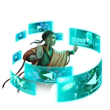 A person reaches toward a ring of glowing blue holographic screens with futuristic topics.