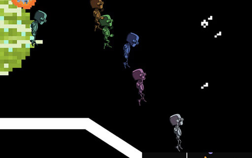 A screenshot from chasing stars. Several robots race to the finish line in a 2d retro-style platform