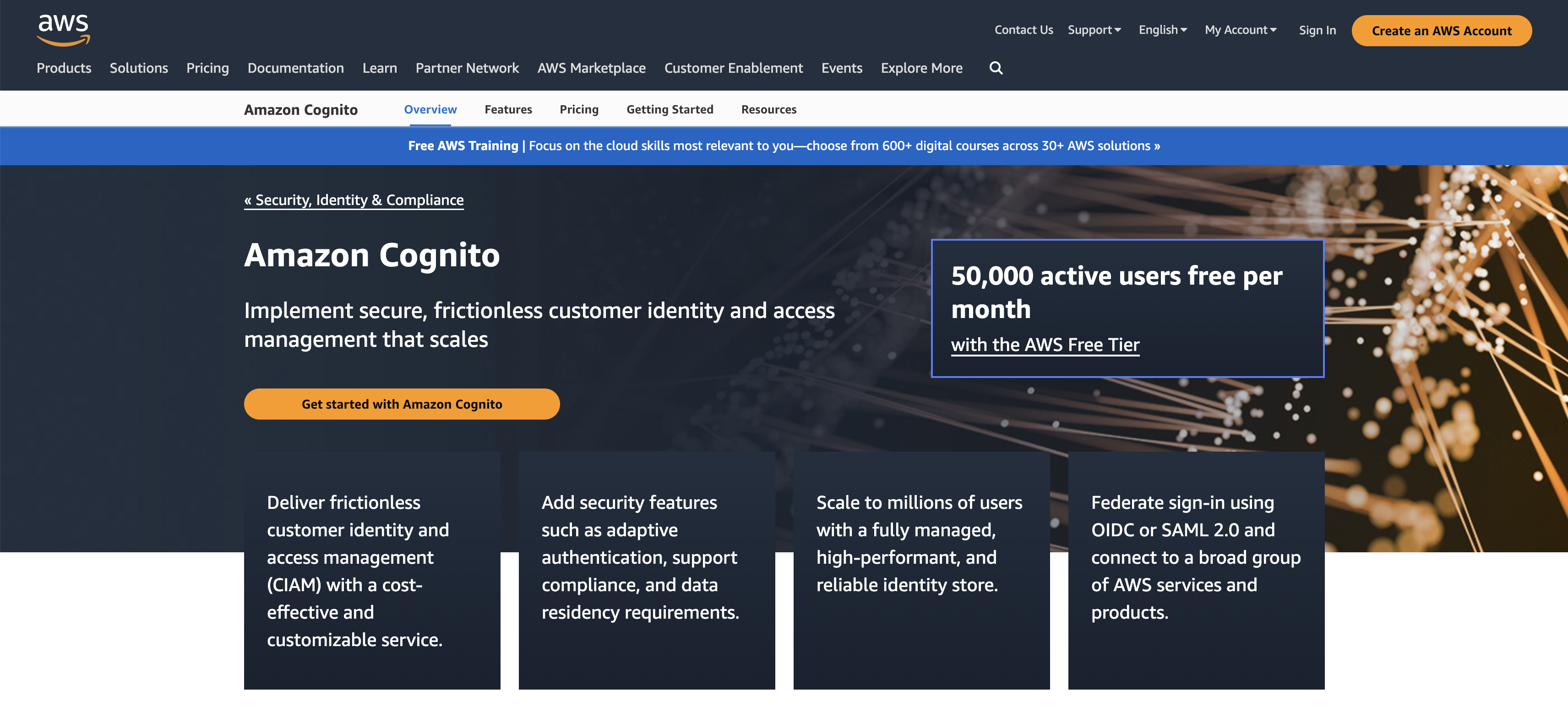 A screenshot of Amazon Cognito's homepage