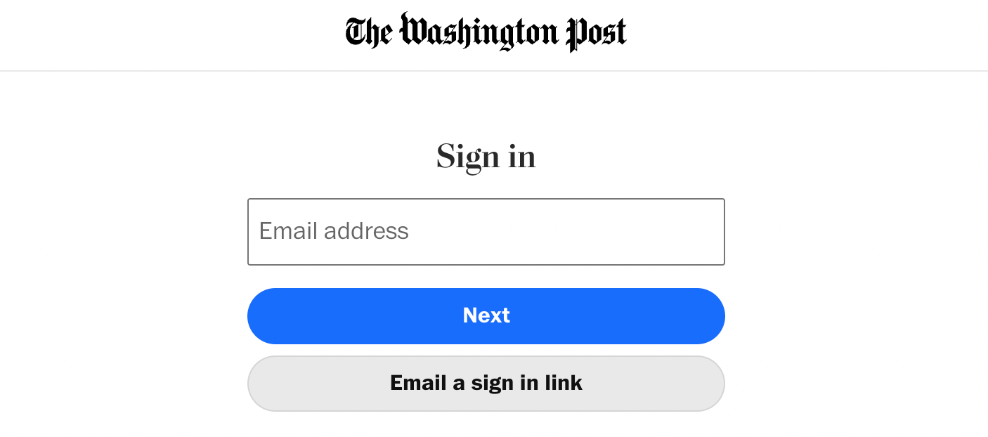 A screenshot of the Washington Post's login screen, which offers the option to enter an email and receive an email magic link