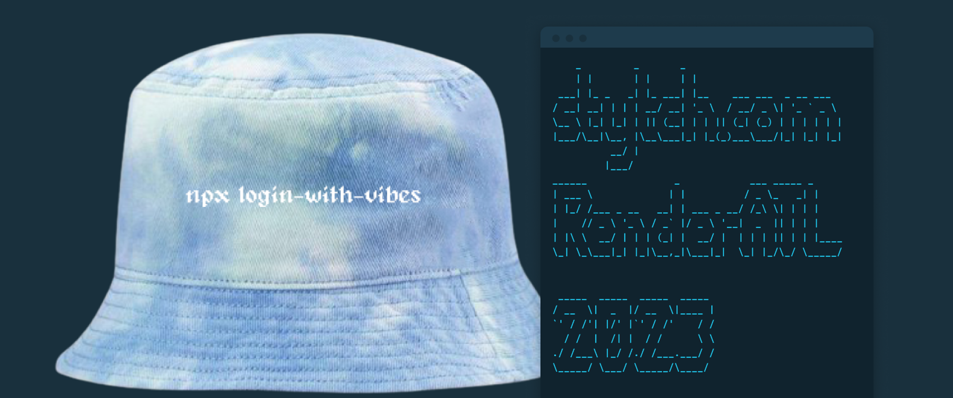 A photo of the Stytch bucket hat with its print "npx login-with-vibes"