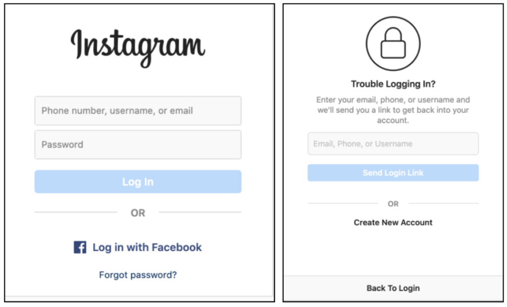 A screenshot of the Instagram authentication screen, which also features the option to login with username and password or with Facebook OAuth