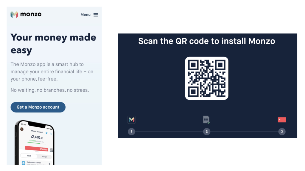 A screenshot of Monzo's login process, which uses a QR code to make signup / login much easier