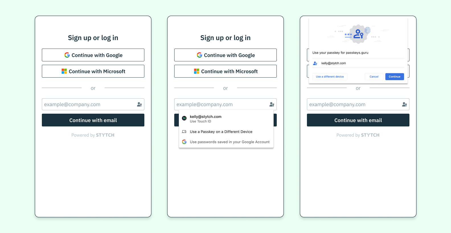 Sample login screens that show how passkeys could be used in the future