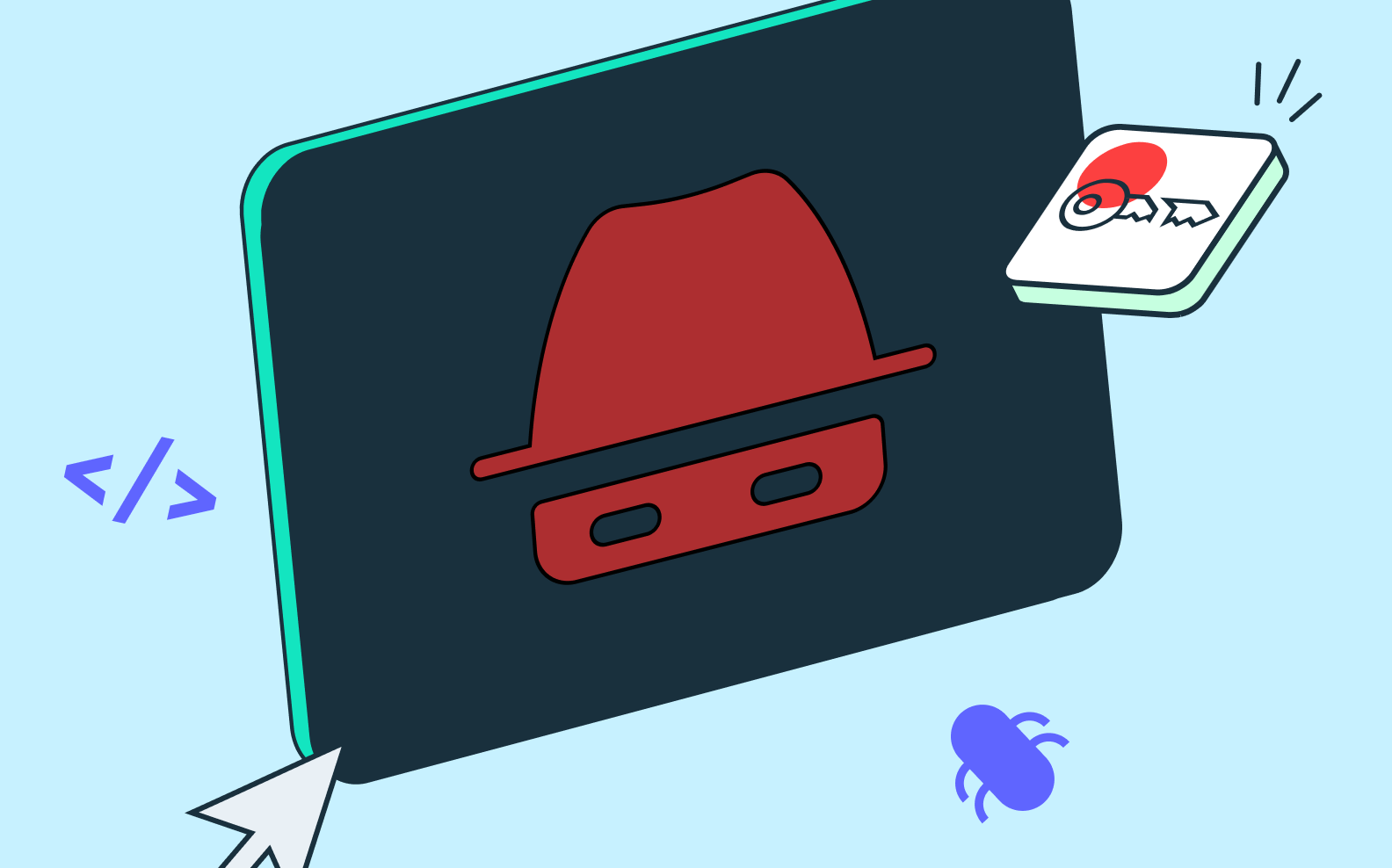 An abstracted illustration of a bot, portrayed all in red with a little red hat