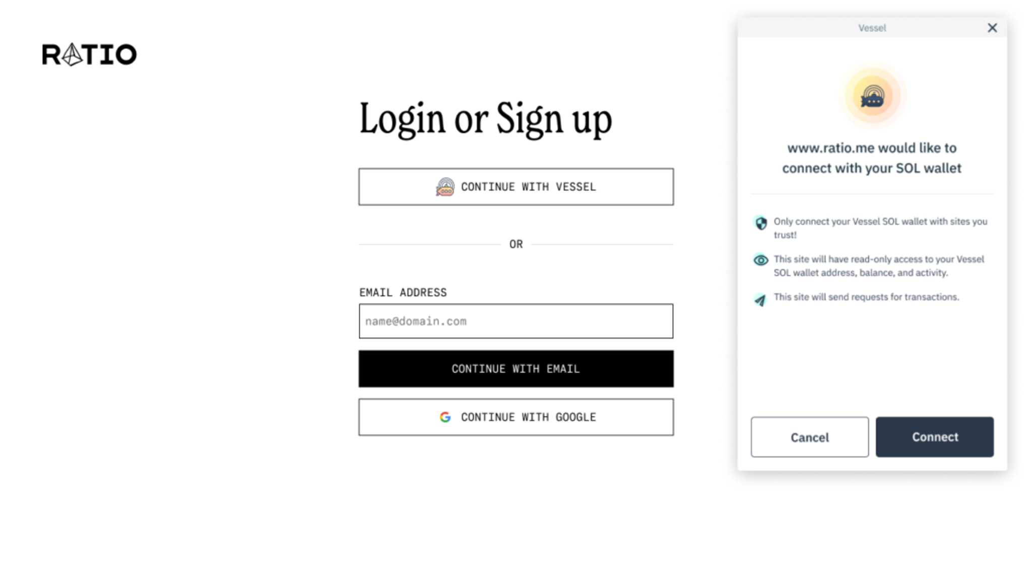 login or signup UI for Vessel