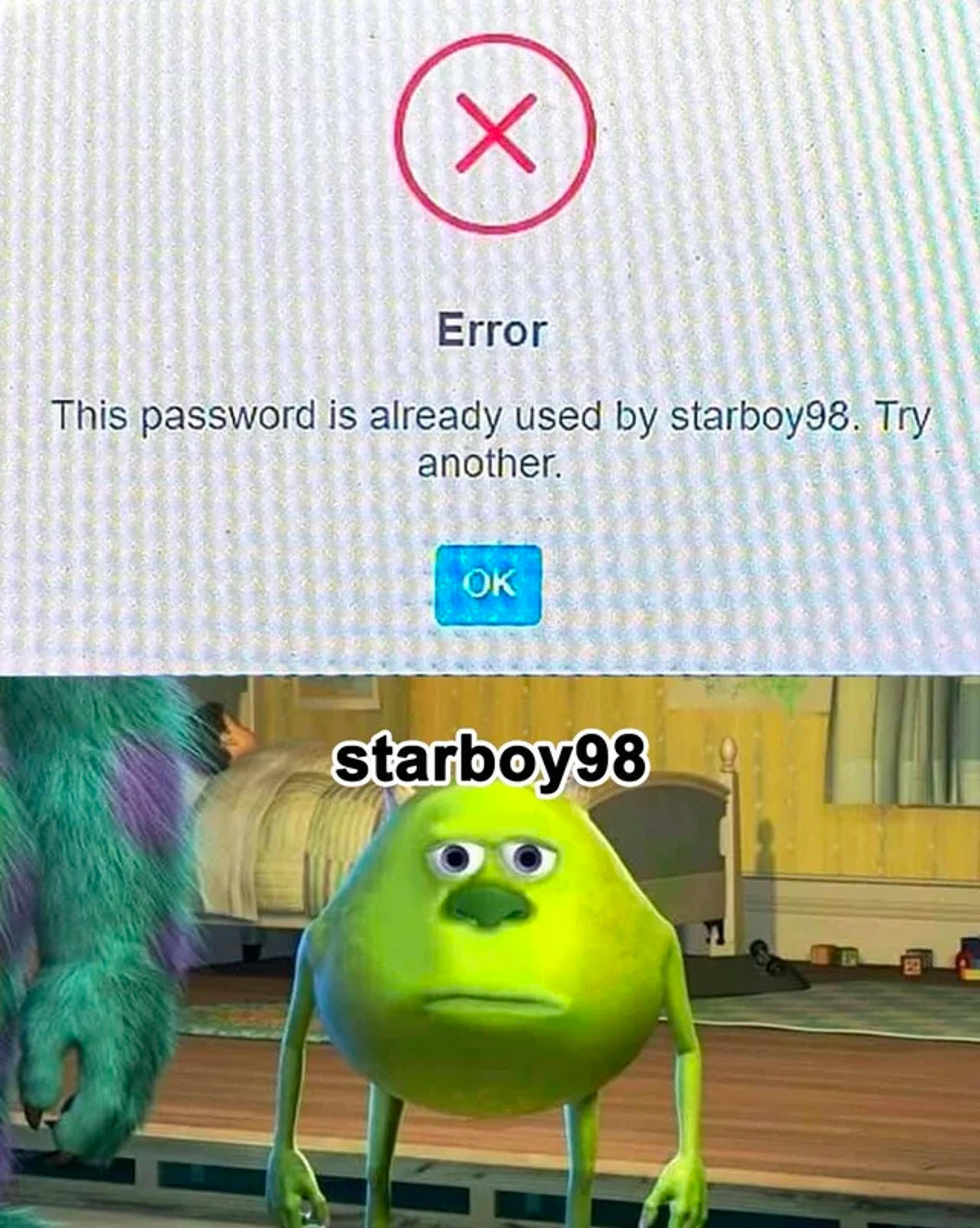 Another meme depicting a common error when people try to reset their password