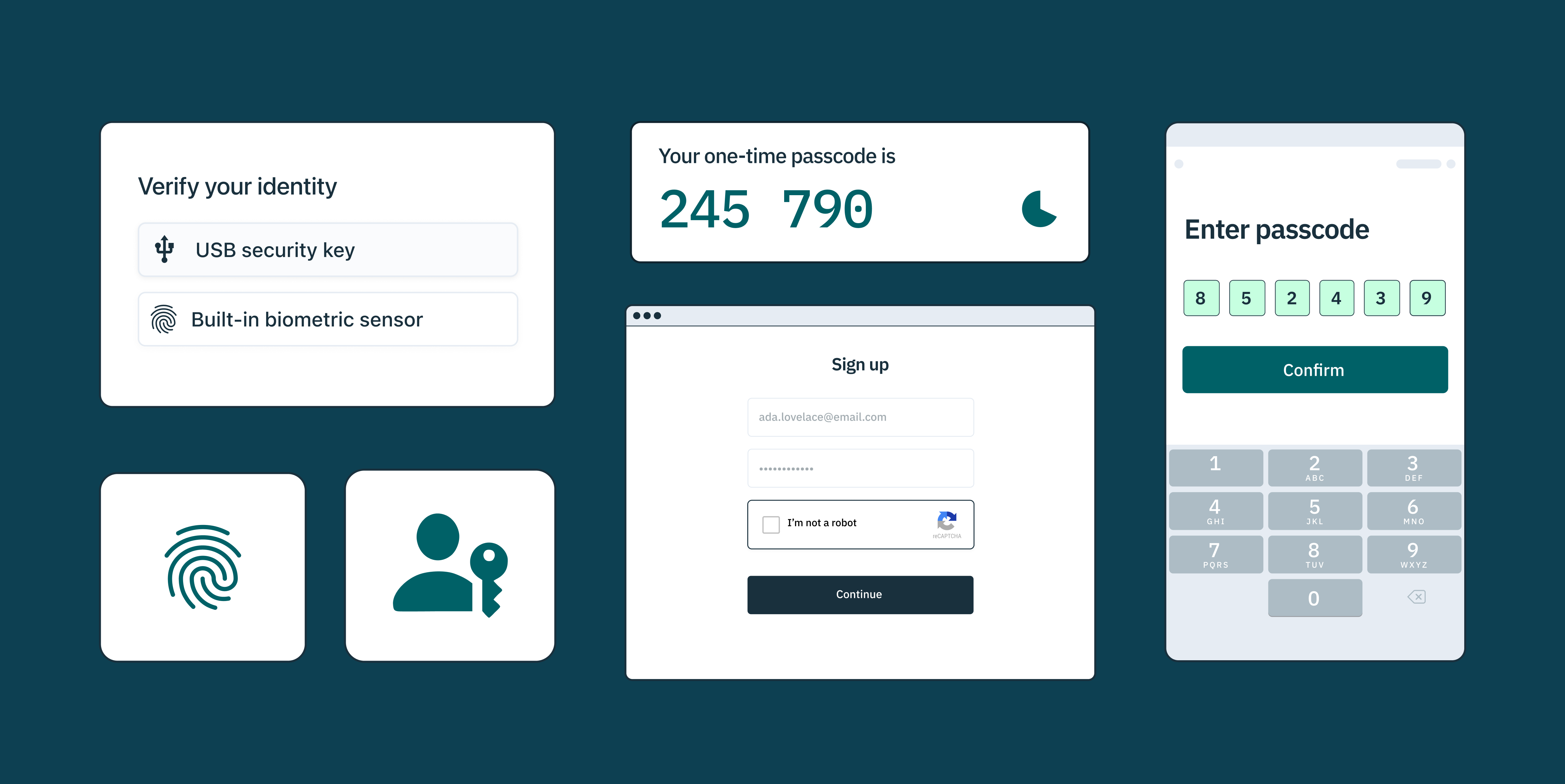 An array of authentication methods: WebAuthn, biometrics, Passkey, email / password, TOTP, and OTP