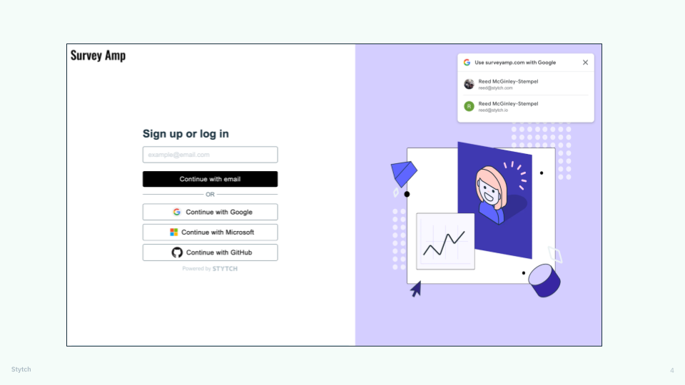 A sample login screen with multiple login options, including email magic link, email, or OAuth with Google, Micorosoft, or GitHub