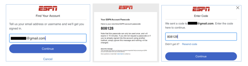 A screenshot of an ESPN email OTP login flow