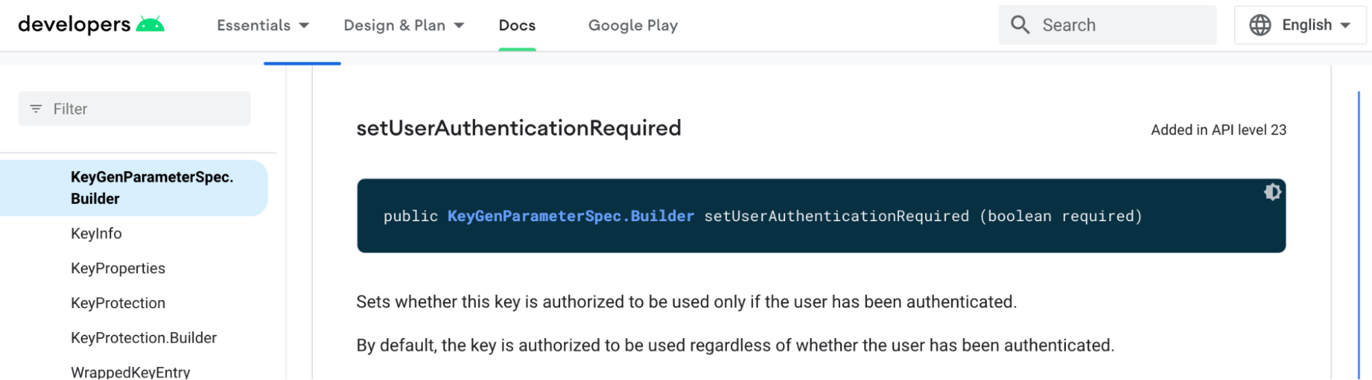 A screenshot of Android Keystore docs for KeyGenerator and UserAuthenticationRequired