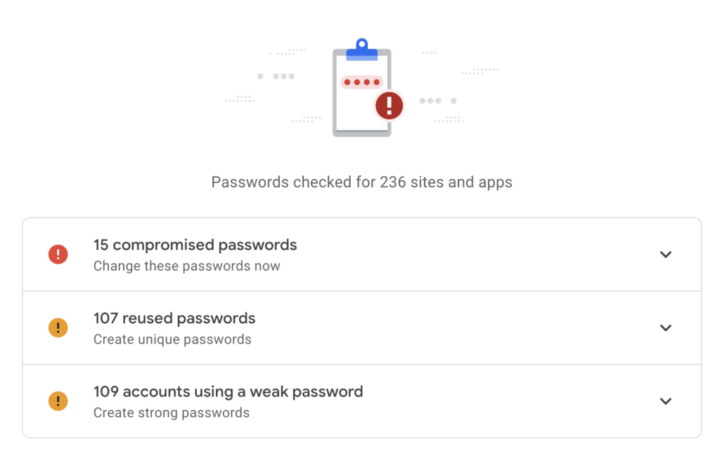 A screenshot of Google's password checkup feature