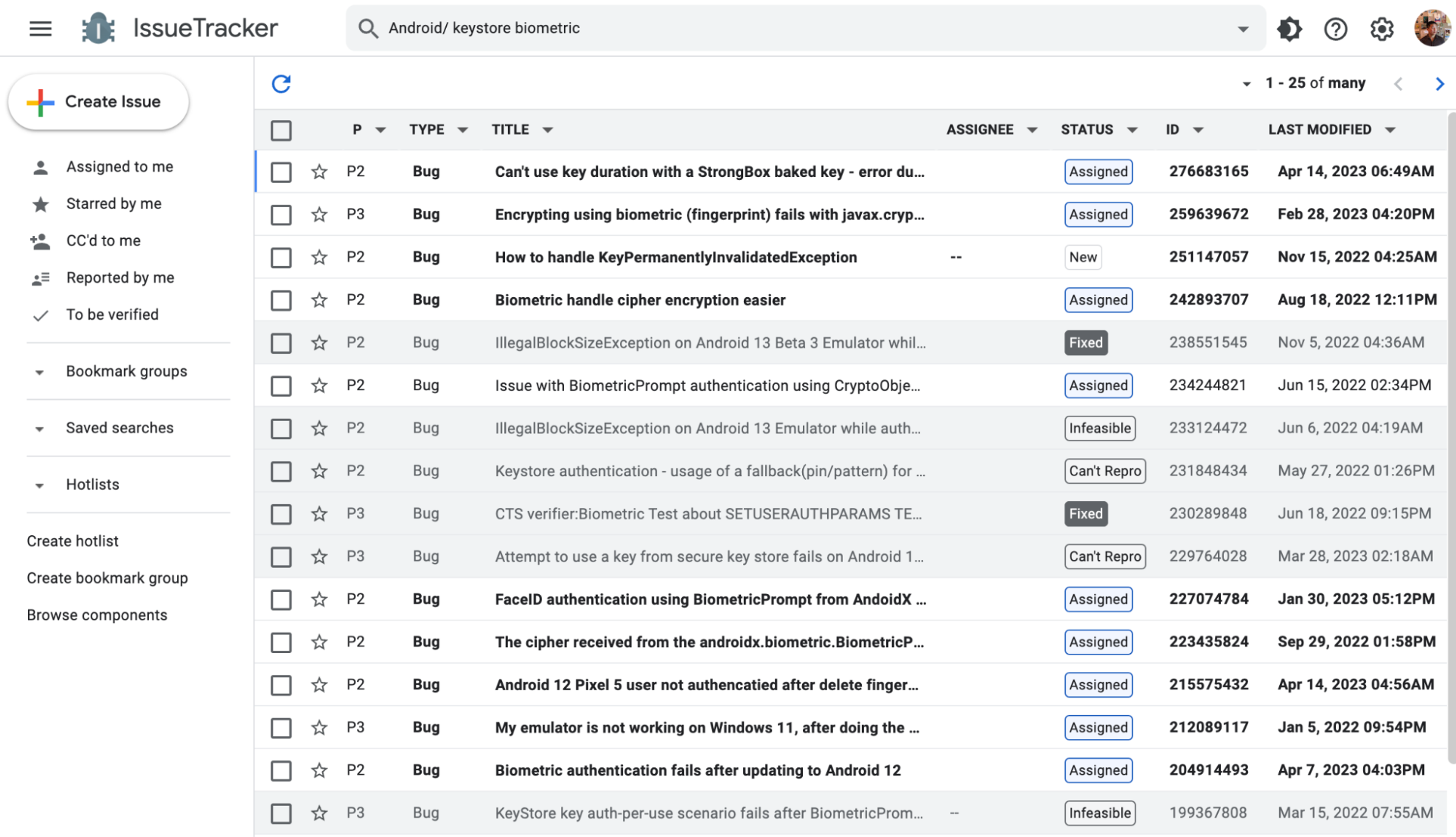 A screenshot of Android IssueTracker results for "keystore biometrics"