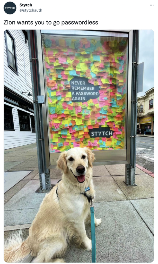 Dog in front of post it ad