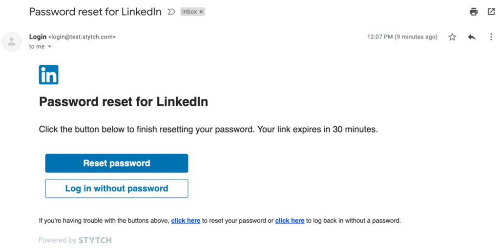 A screenshot of a password reset flow for LinkedIn