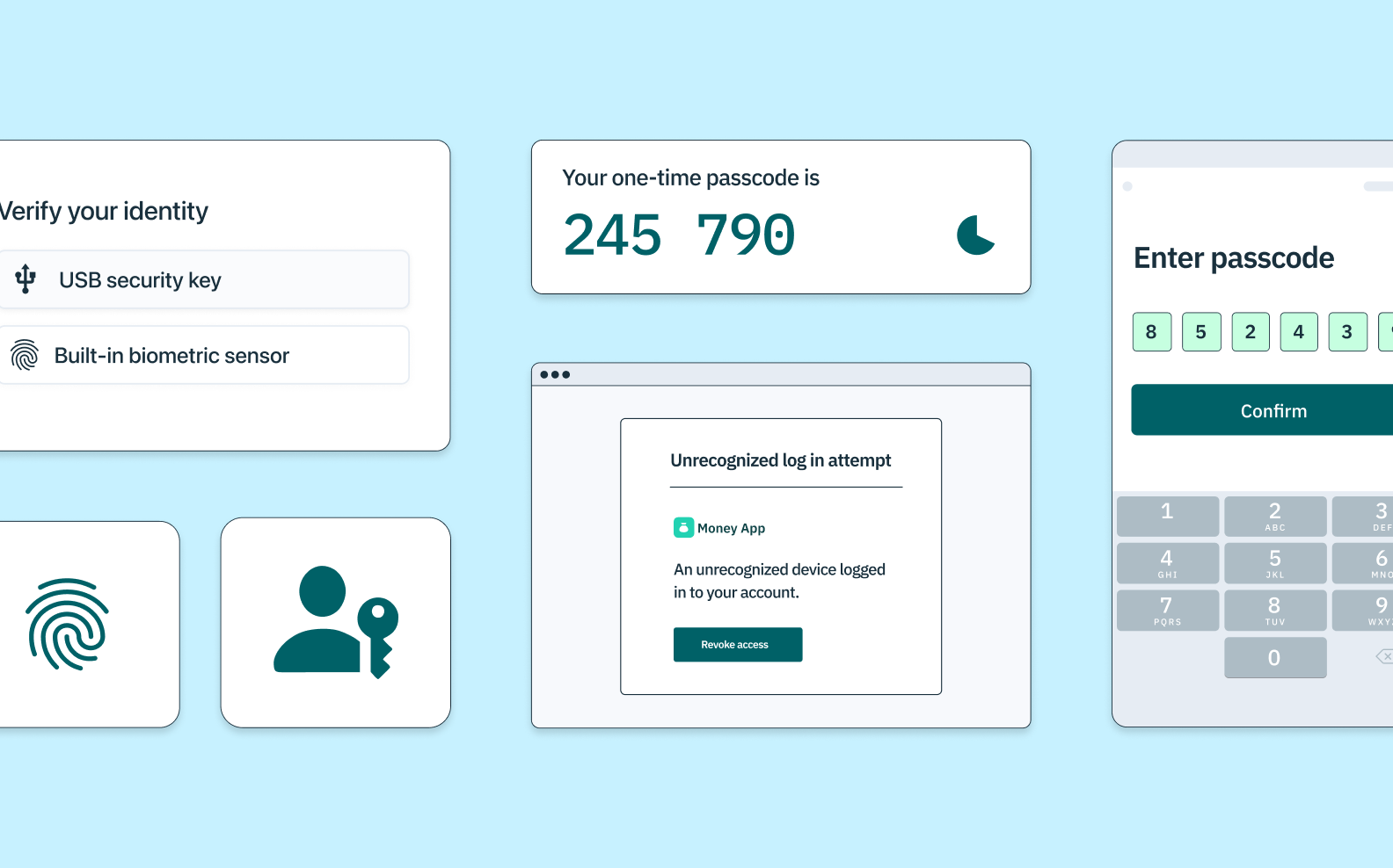 An array of different MFA types – TOTP, passkey, OTP, and biometrics