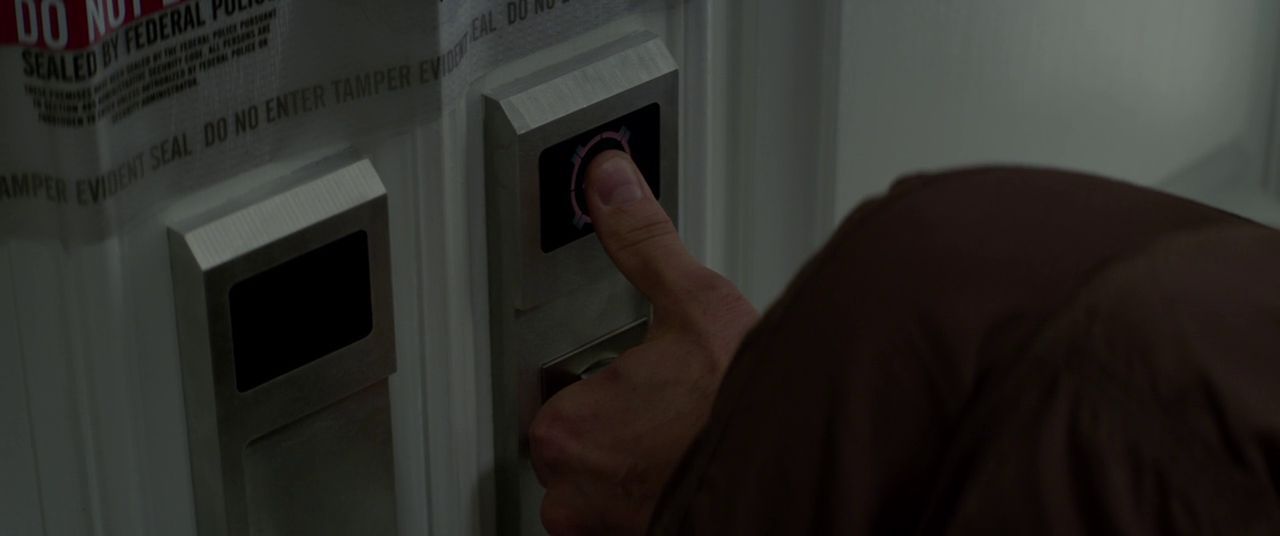A biometric fingerprint scan is used to get into one's home in Total Recall, a science fiction film. 