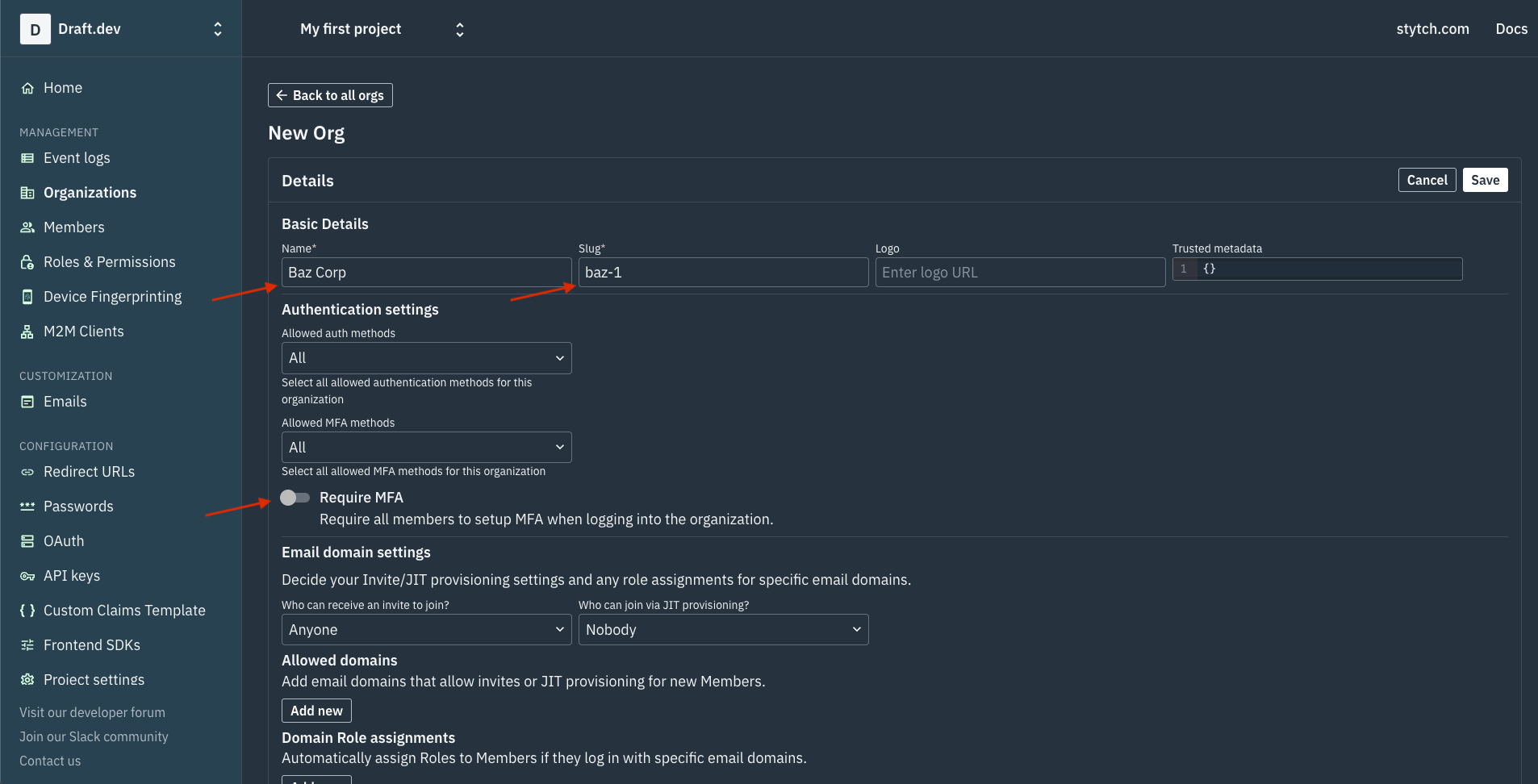 Create organization in Stytch Dashboard