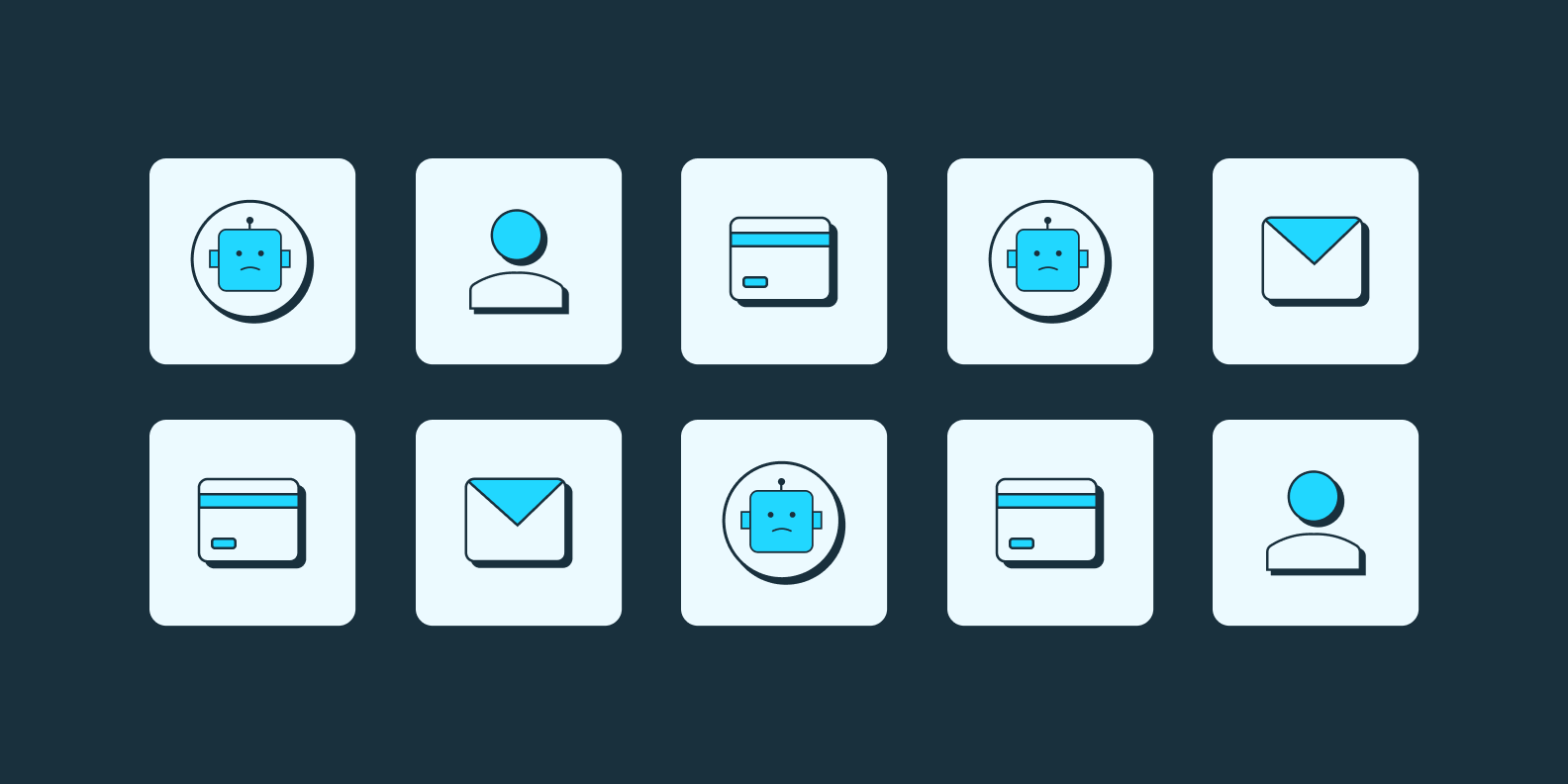 An array of different icons portraying email, a user window, users, and malicious bots