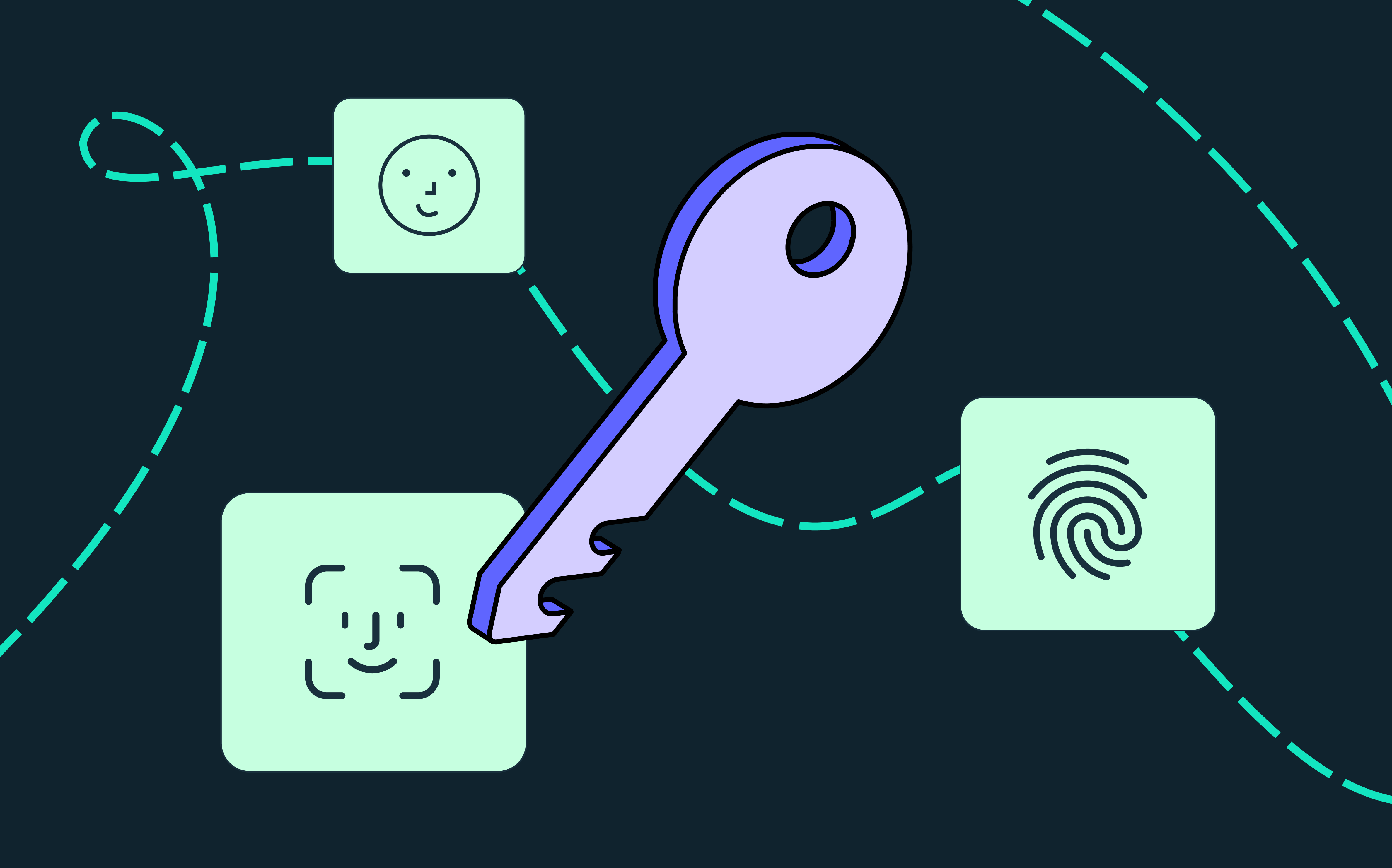 An abstraction of a passkey, with an illutration of a key surrounded by floating icons representing different forms of biometric authentication
