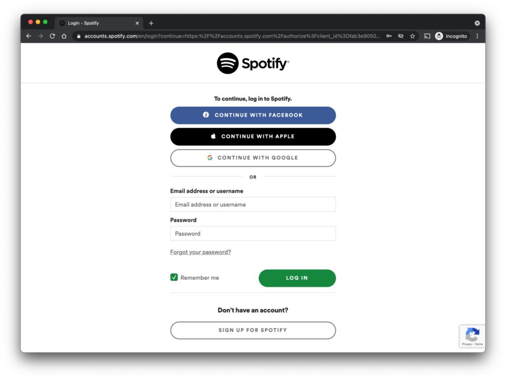 A screenshot of the Spotify login, which offers both passwordless and password-based authentication options
