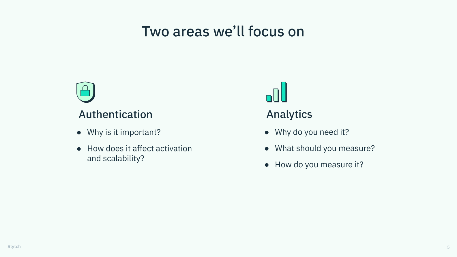A slide from a presentation showing the two areas of focus: authentication and analytics