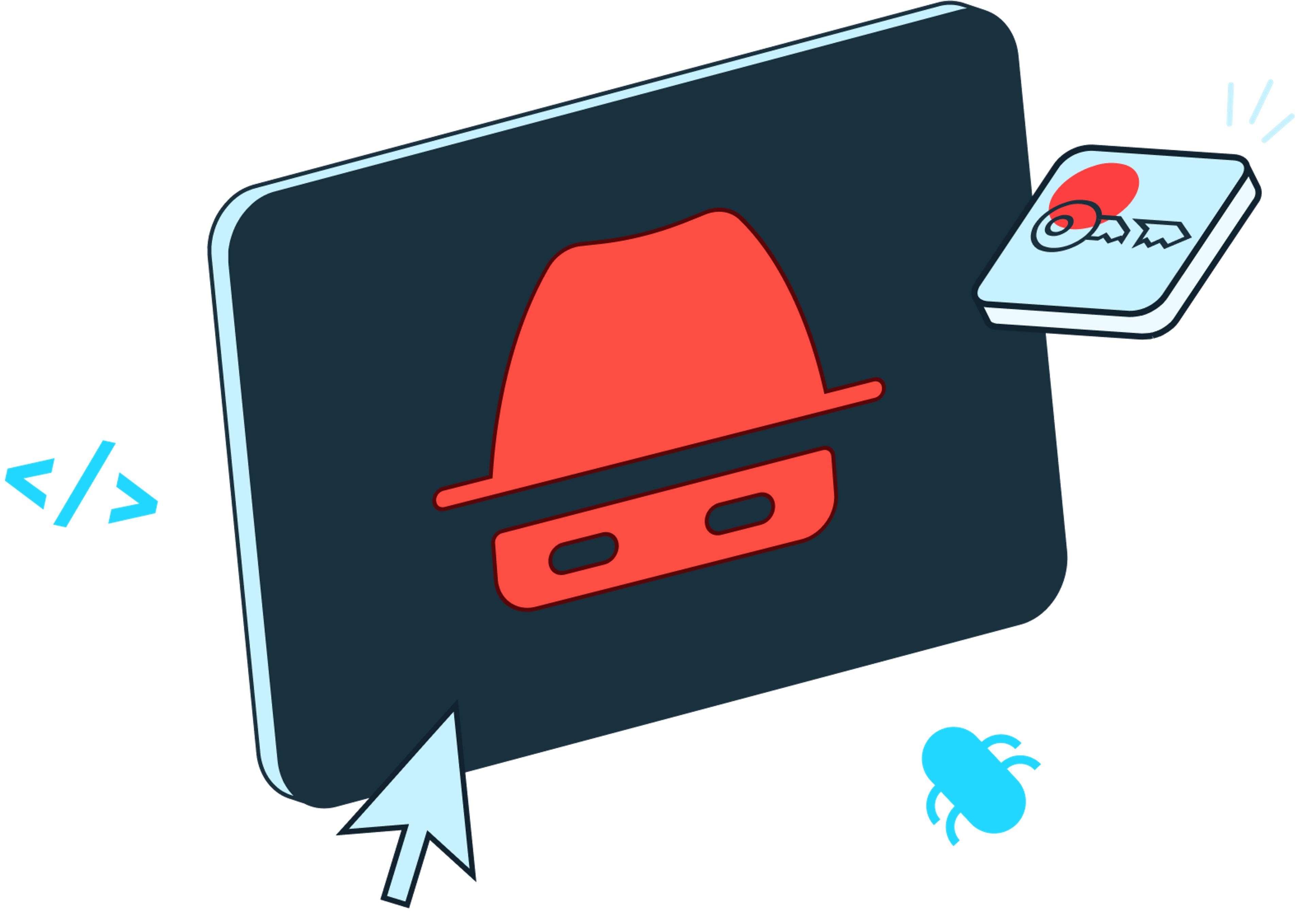 An abstracted picture of a malicious bot, portrayed in red with a hat on