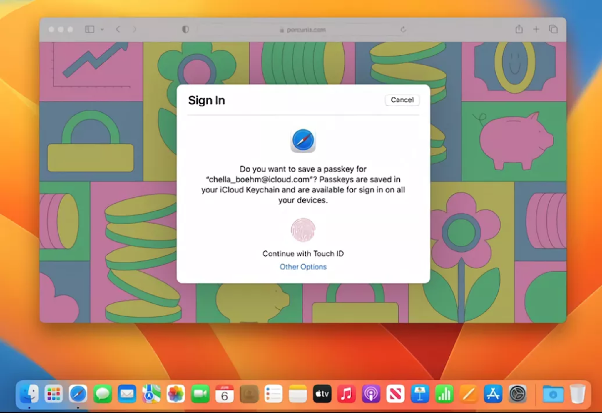 A screenshot of a passkey prompt on an Apple desktop