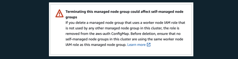 screenshot of a Warning in AWS console.