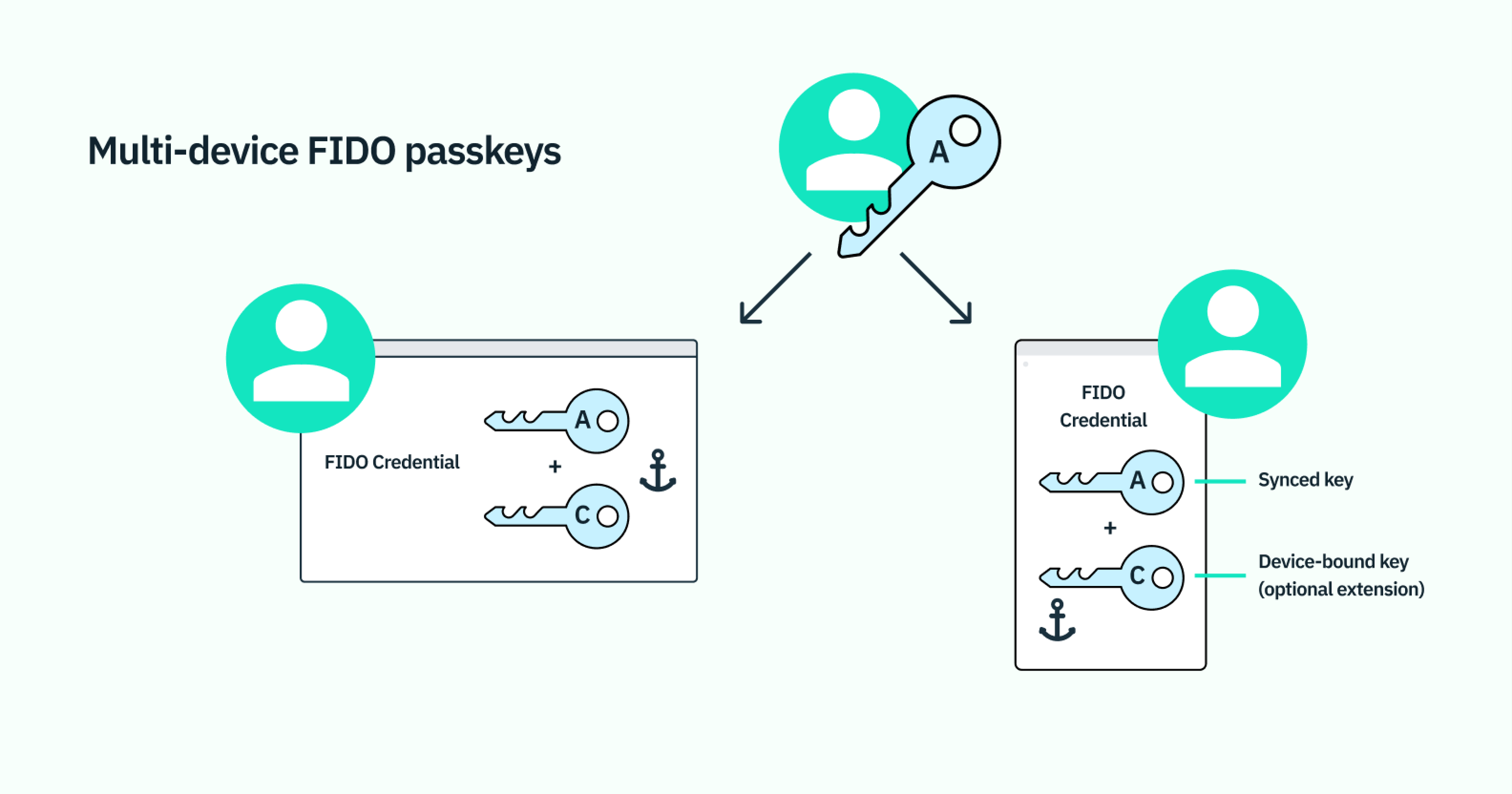 A diagram showing how multi-device FIDO passkeys leverage public key cryptography