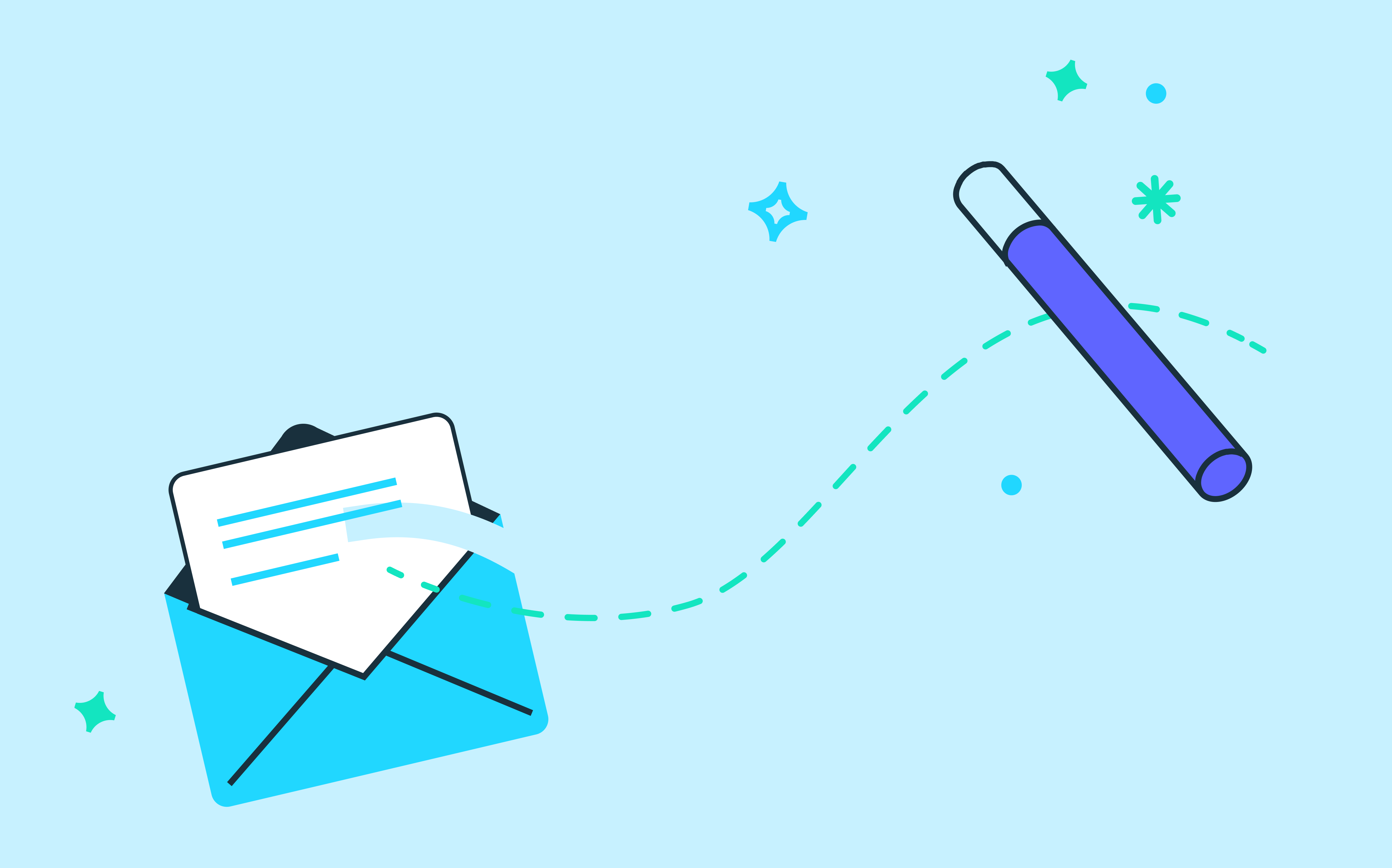 An abstracted cartoon of an envelope being magically animated by a wand, on a light blue backdrop