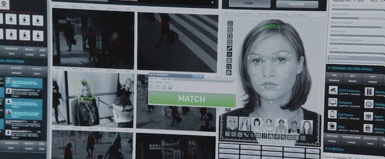 A thumbnail from the Bourne Identity movies, in which a face is matched using facial recognition technology. 