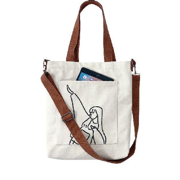 Cotton Tote Bag Portrait Leather Handle
