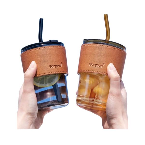 Glass Slipper Mug With Leather Sleeve and Straw