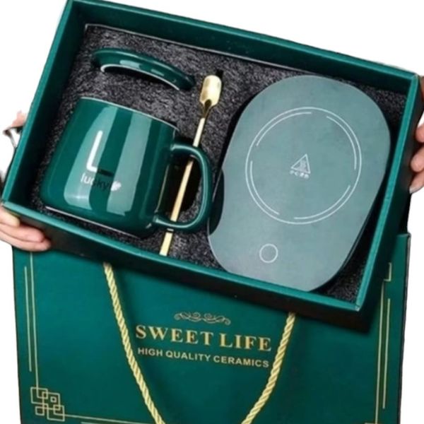 Heating Electric Mug Gift Set With Cover Spoon & Warmer