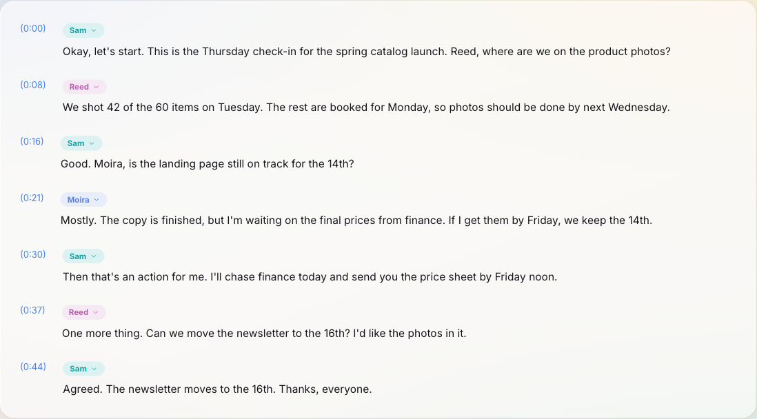 The finished transcript with Sam, Reed and Moira as speaker labels and a timestamp before each paragraph