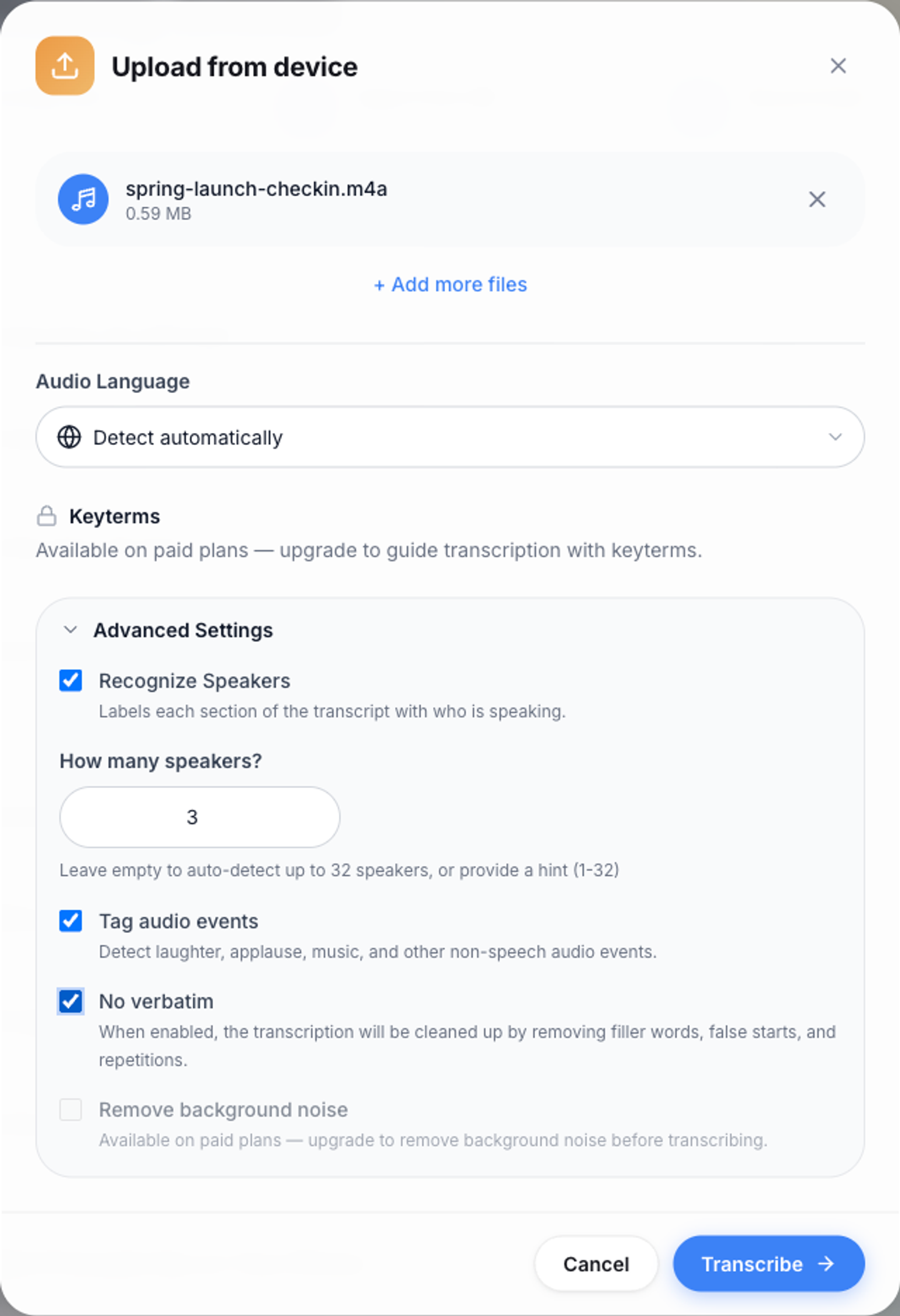 The upload dialog with spring-launch-checkin.m4a attached, Recognize Speakers on, 3 speakers, Tag audio events on and No verbatim selected