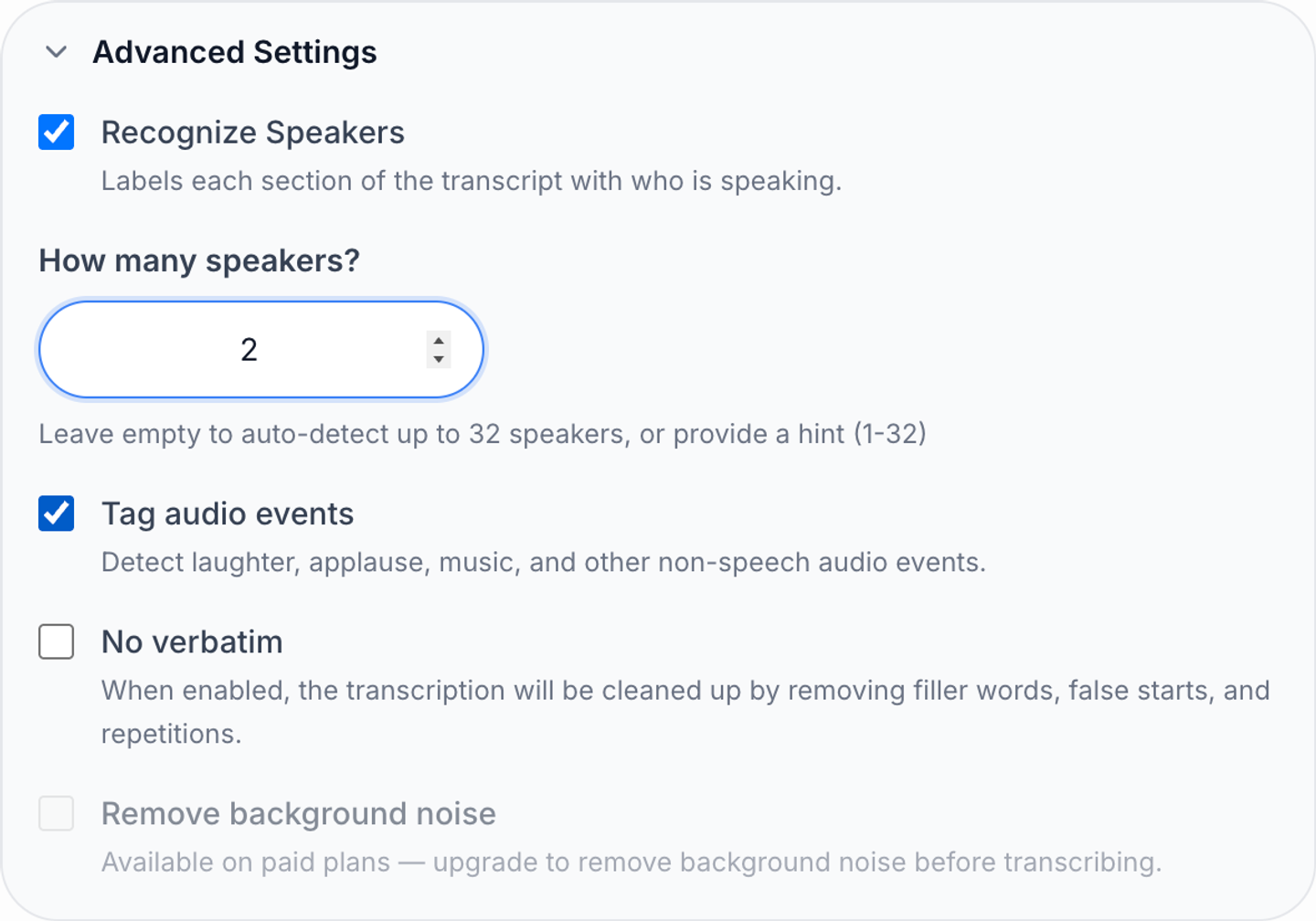 The Advanced Settings panel with Recognize Speakers on, How many speakers set to 2, and No verbatim switched off