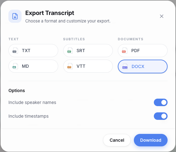 The Export Transcript dialog with DOCX selected and both Include speaker names and Include timestamps switched on
