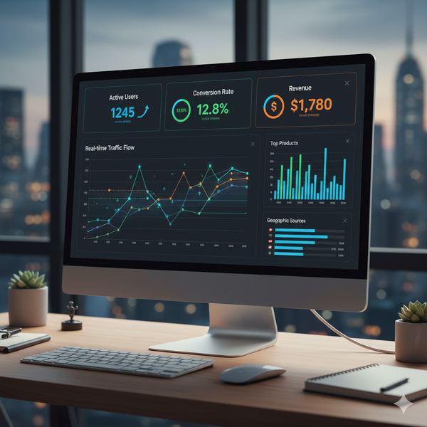 Real-time analytics charts (line graphs, bar charts, KPI cards).