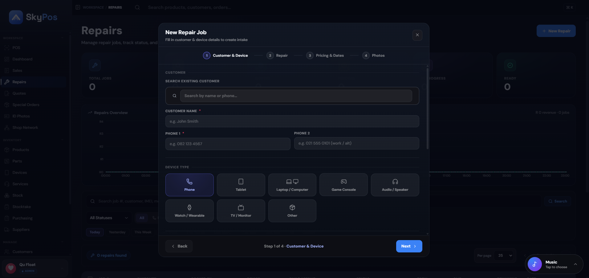 Booking in a repair: customer, device, pricing and photos in one flow