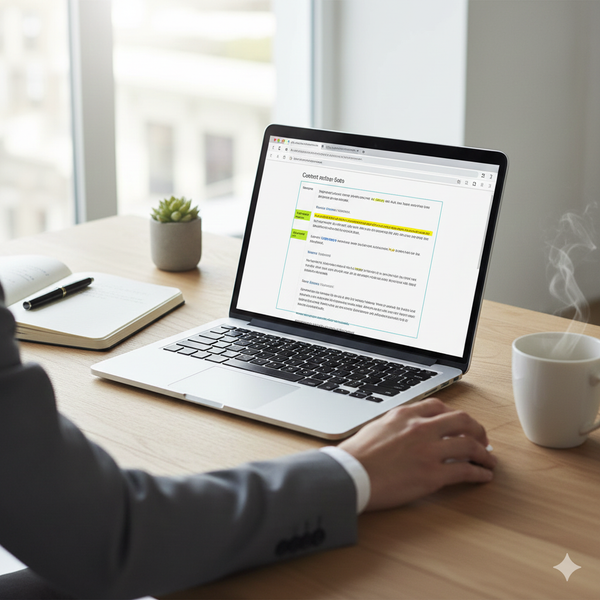 Writer adjusting webpage text layout with highlighted keywords on screen