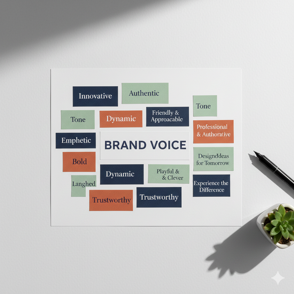 Creative moodboard with brand voice keywords 