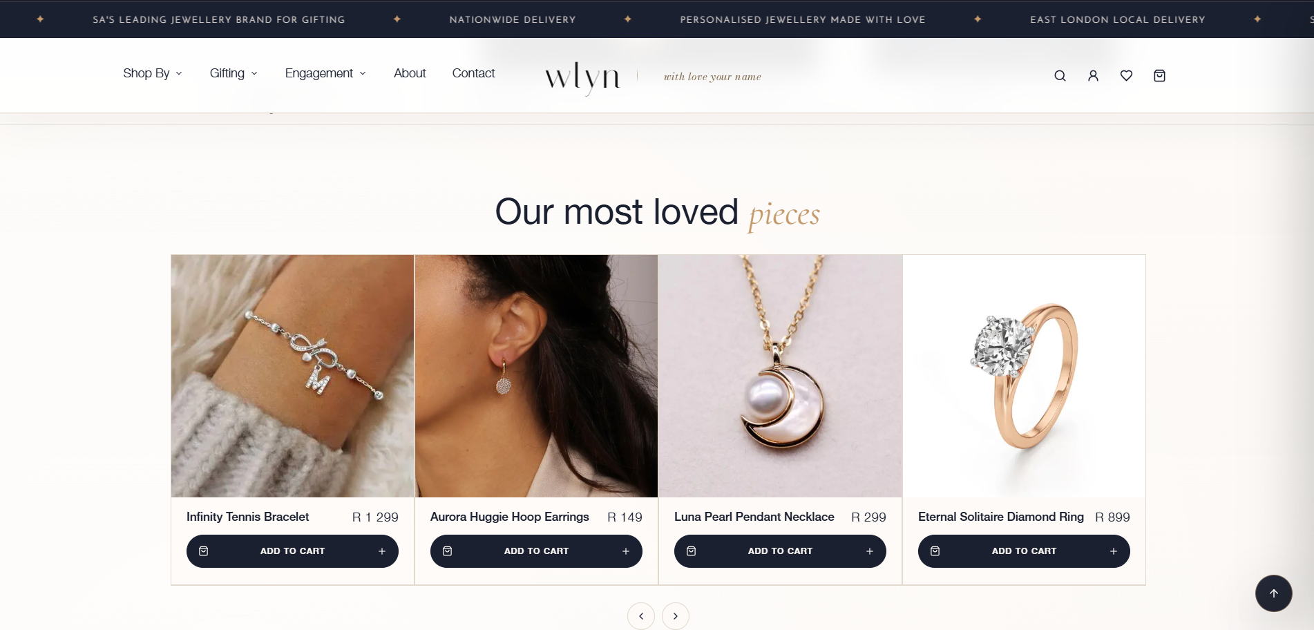 'Our most loved pieces' product grid with add-to-cart