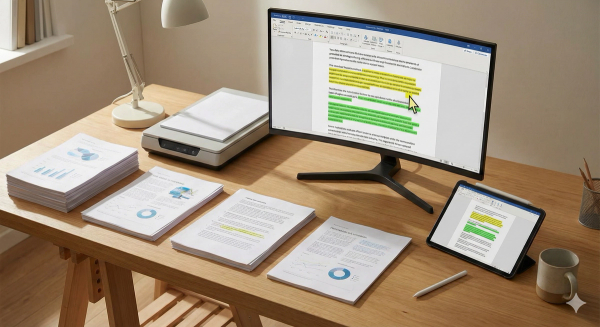 Desk with printed documents being scanned