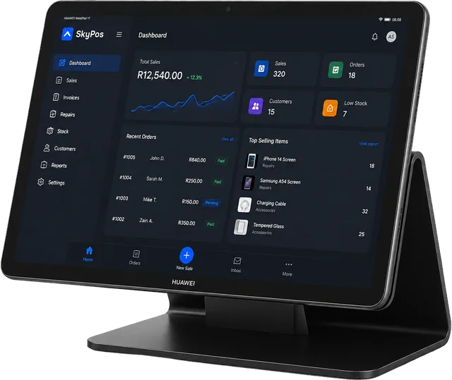 Tablet and stand running SkyPos in the browser