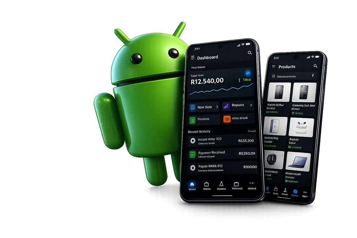 The SkyPos Android app showing the sales dashboard and product list