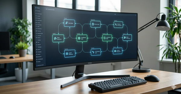 Flowchart-style workflow automation interface displayed on computer screen 