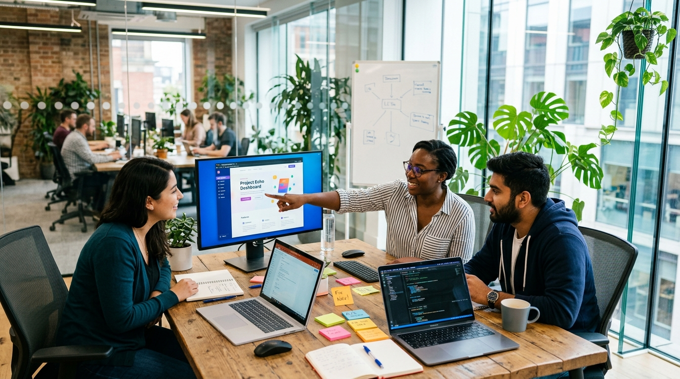An Articsoft product team reviewing a website design together