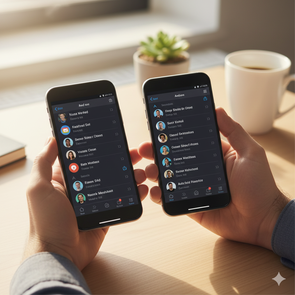 Developer holding an iPhone and Android phone running a sleek native app interface